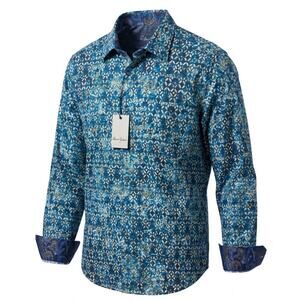Robert Graham Mezza Mens Medium Blue Geometric Long Sleeve Button Down Shirt NWT